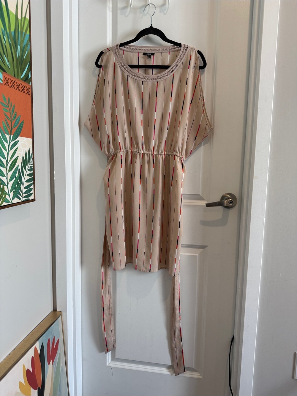 Jacob Beige Midi Dress with Red & Black Stripe Accents